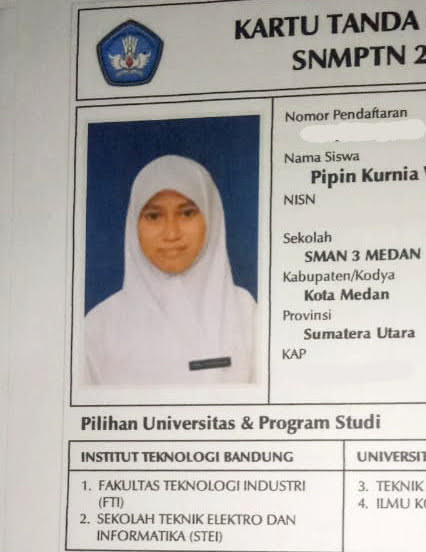 Kartu pendaftaran SNMPTN Pipin